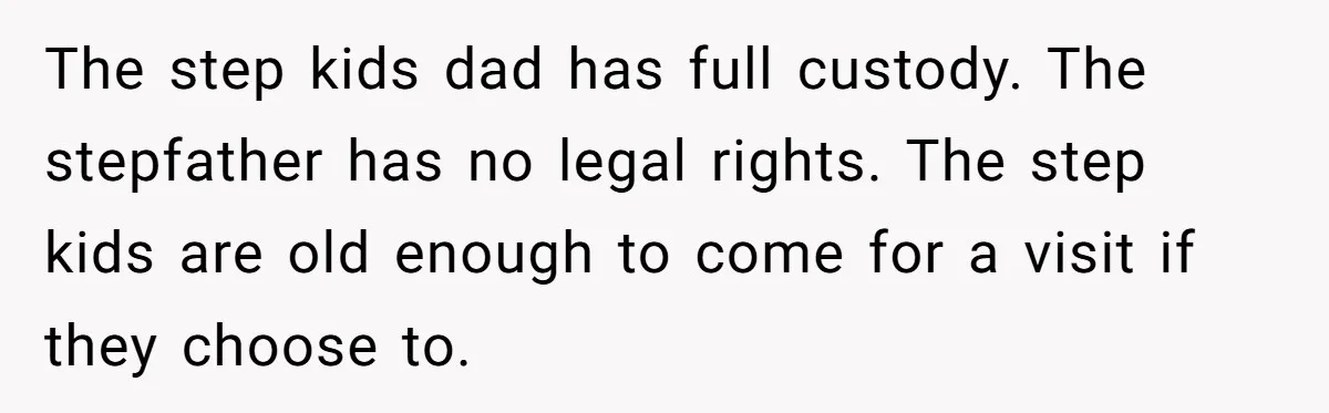 The step kids dad has full custody. The stepfather has no legal rights. The step kids are old enough to come for a visit if they choose to.
