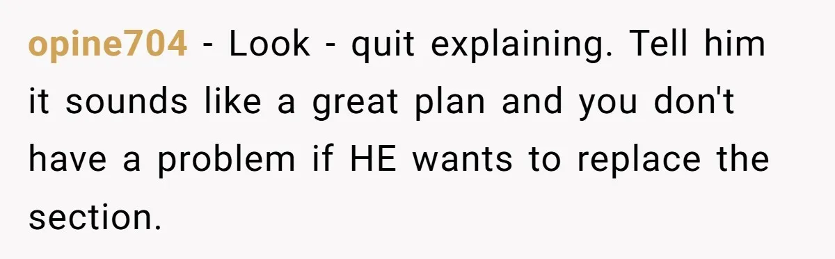 opine704 − Look - quit explaining. Tell him it sounds like a great plan and you don't have a problem if HE wants to replace the section.