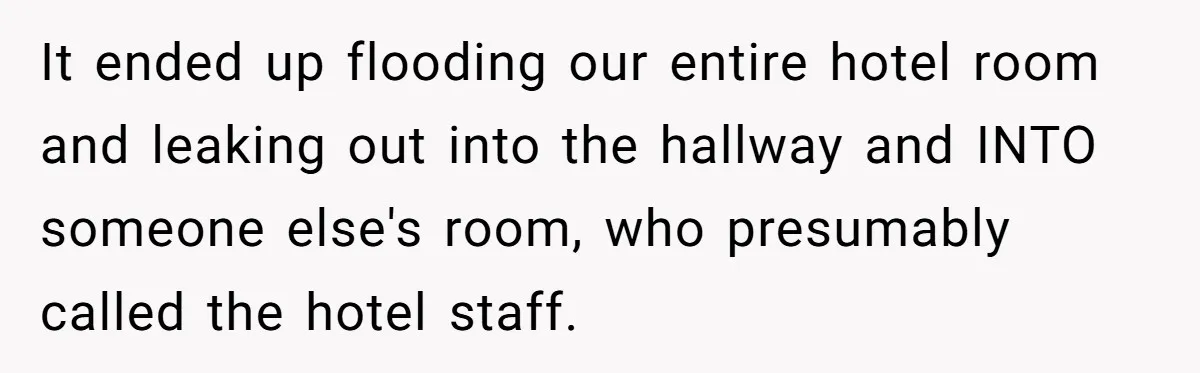 It ended up flooding our entire hotel room and leaking out into the hallway and INTO someone else's room, who presumably called the hotel staff.