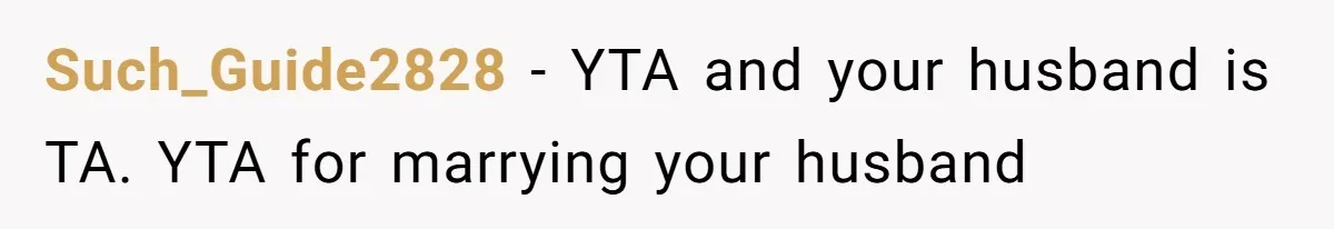 Such_Guide2828 − YTA and your husband is TA. YTA for marrying your husband
