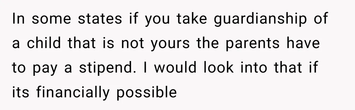 In some states if you take guardianship of a child that is not yours the parents have to pay a stipend. I would look into that if its financially possible