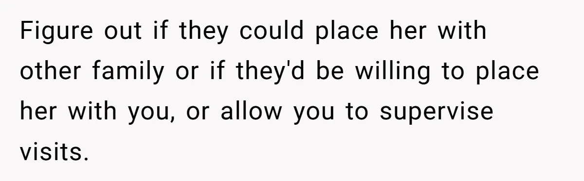 Figure out if they could place her with other family or if they'd be willing to place her with you, or allow you to supervise visits.