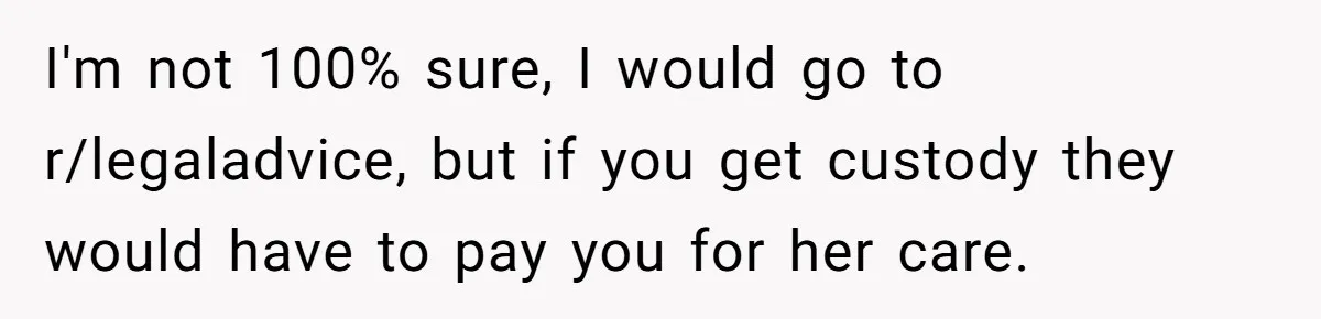 I'm not 100% sure, I would go to r/legaladvice, but if you get custody they would have to pay you for her care.
