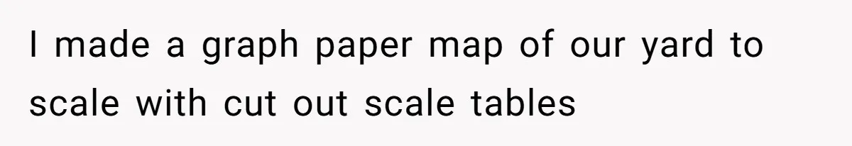 I made a graph paper map of our yard to scale with cut out scale tables