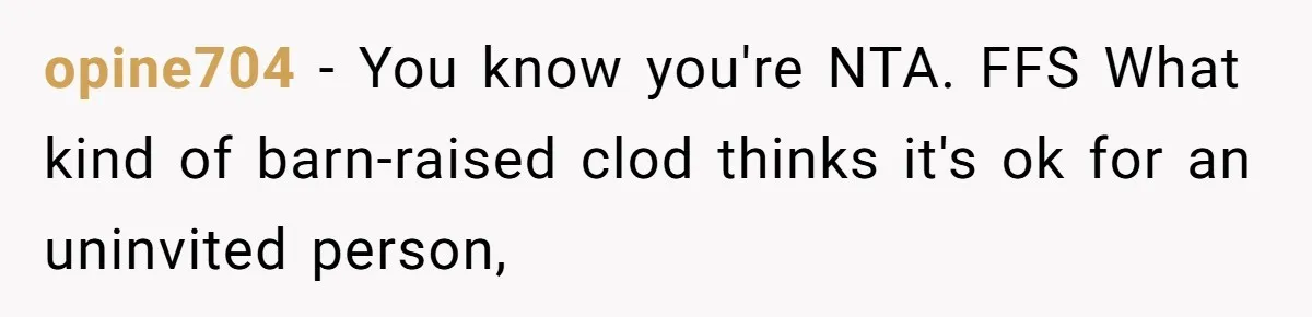 opine704 − You know you're NTA. FFS What kind of barn-raised clod thinks it's ok for an uninvited person,