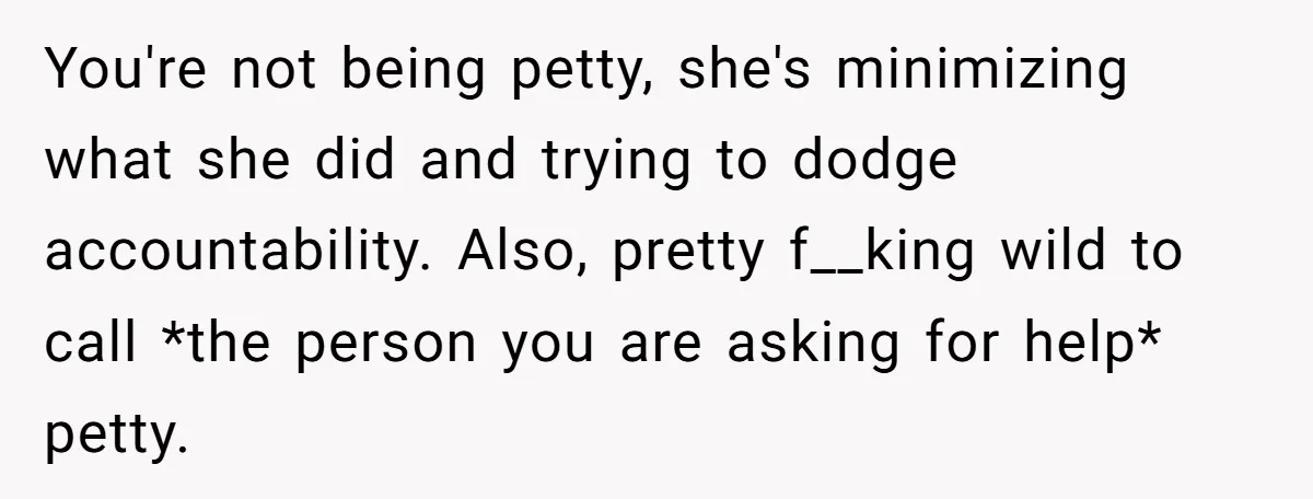 She Refused to Babysit Again After Her Sister Lied, Now She’s Being Called Selfish You're not being petty, she's minimizing what she did and trying to dodge accountability. Also, pretty f__king wild to call *the person you are asking for help* petty.