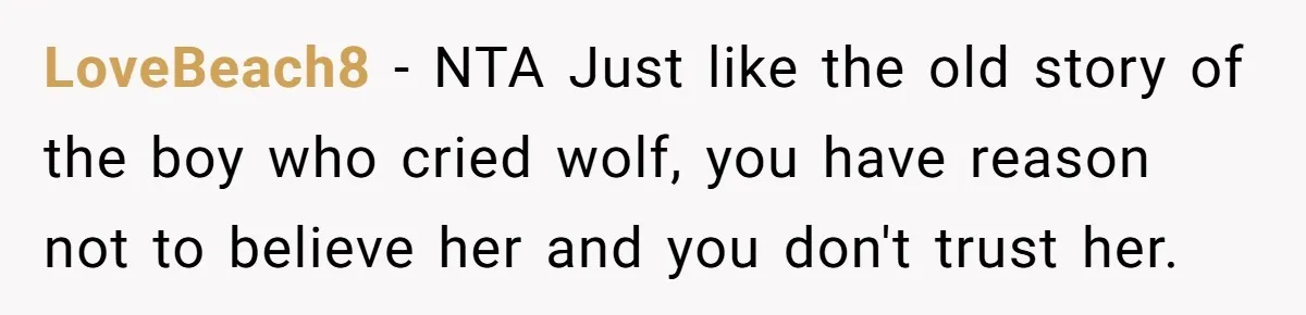 She Refused to Babysit Again After Her Sister Lied, Now She’s Being Called Selfish LoveBeach8 − NTA Just like the old story of the boy who cried wolf, you have reason not to believe her and you don't trust her.