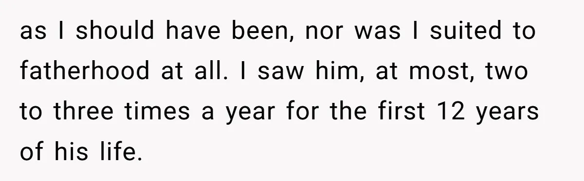 as I should have been, nor was I suited to fatherhood at all. I saw him, at most, two to three times a year for the first 12 years of...