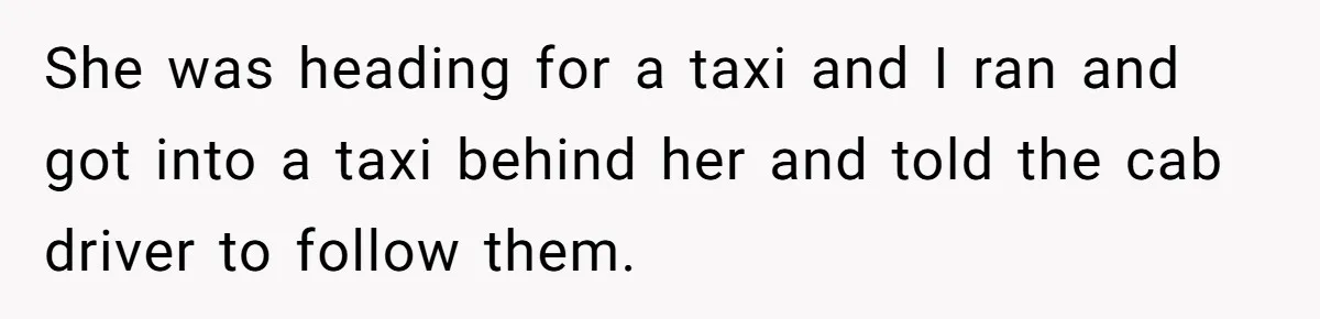 She was heading for a taxi and I ran and got into a taxi behind her and told the cab driver to follow them.