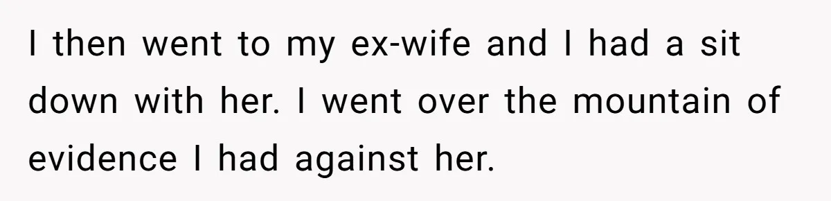 I then went to my ex-wife and I had a sit down with her. I went over the mountain of evidence I had against her.