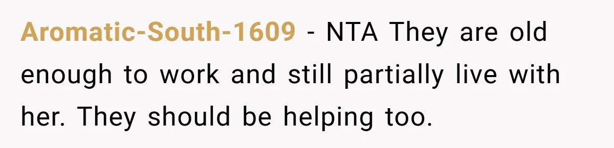 His Kids Want Him to Help Their Struggling Mom, But He Refuses, and Now They Think He’s Heartless Aromatic-South-1609 − NTA They are old enough to work and still partially live with her. They should be helping too.