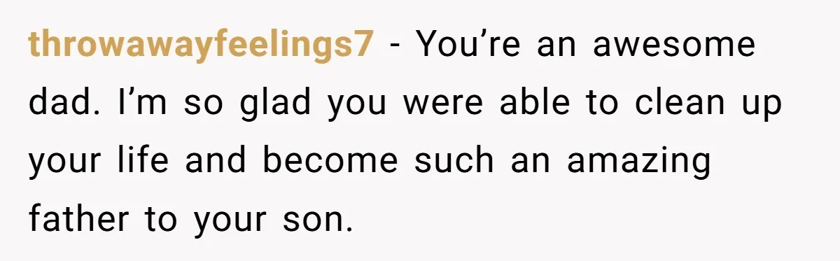 throwawayfeelings7 − You’re an awesome dad. I’m so glad you were able to clean up your life and become such an amazing father to your son.