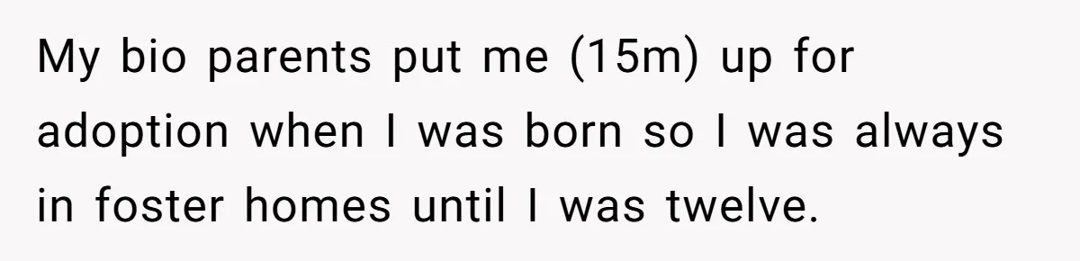 My bio parents put me (15m) up for adoption when I was born so I was always in foster homes until I was twelve.