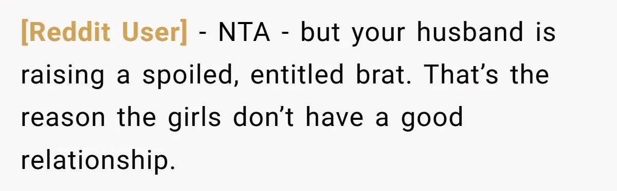 [Reddit User] − NTA - but your husband is raising a spoiled, entitled brat. That’s the reason the girls don’t have a good relationship.