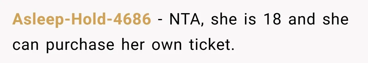 Asleep-Hold-4686 − NTA, she is 18 and she can purchase her own ticket.