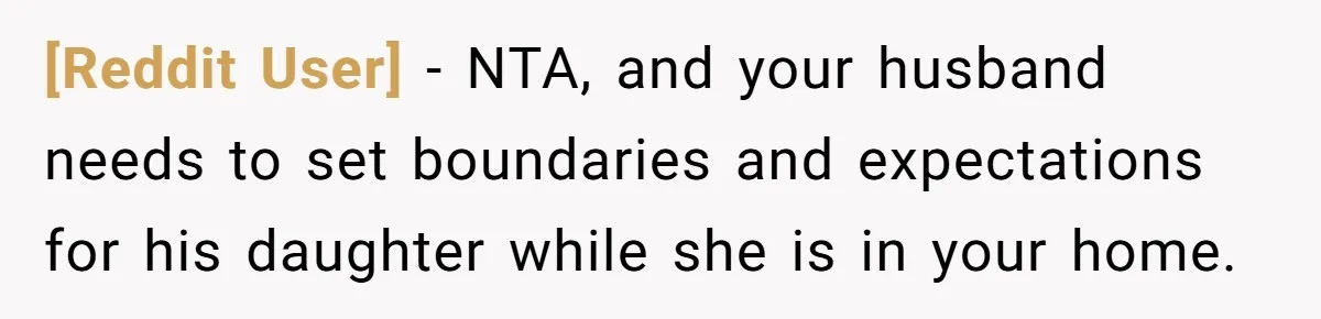 [Reddit User] − NTA, and your husband needs to set boundaries and expectations for his daughter while she is in your home.