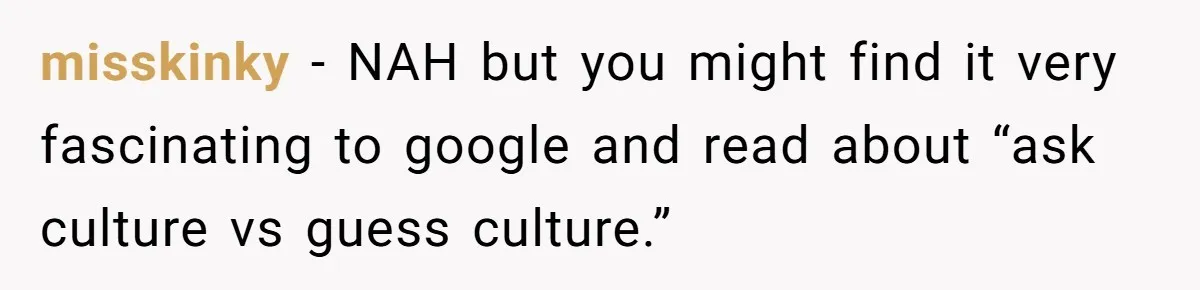 misskinky − NAH but you might find it very fascinating to google and read about “ask culture vs guess culture.”