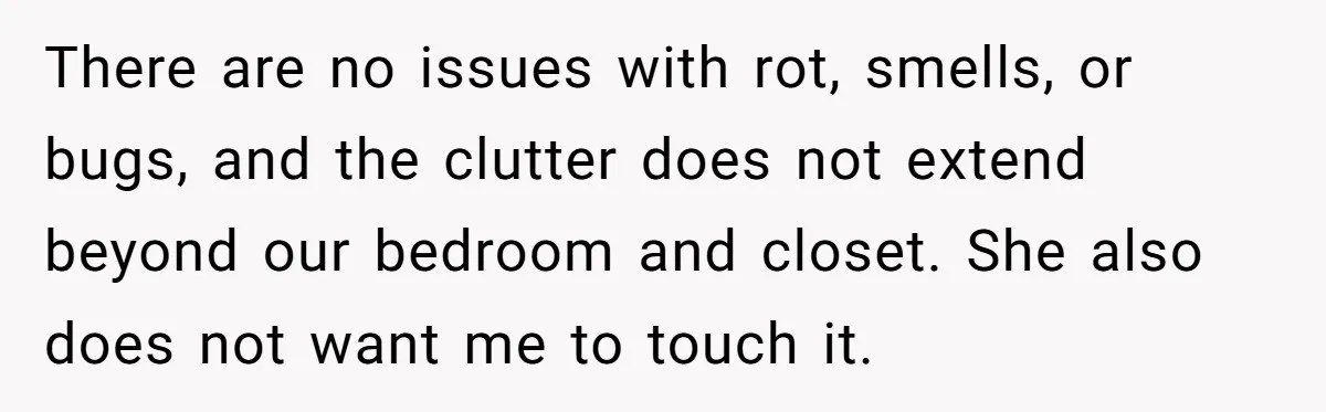 There are no issues with rot, smells, or bugs, and the clutter does not extend beyond our bedroom and closet. She also does not want me to touch it.