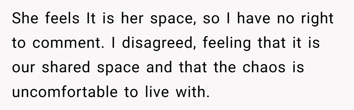 She feels It is her space, so I have no right to comment. I disagreed, feeling that it is our shared space and that the chaos is uncomfortable to live...