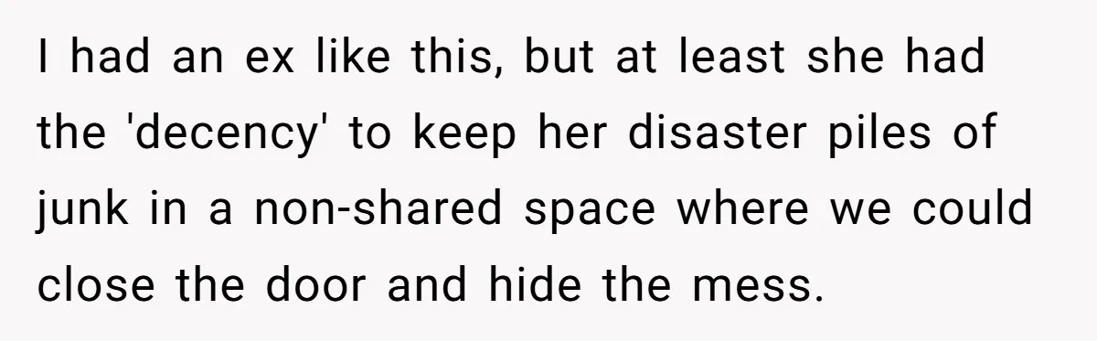 I had an ex like this, but at least she had the 'decency' to keep her disaster piles of junk in a non-shared space where we could close the door...