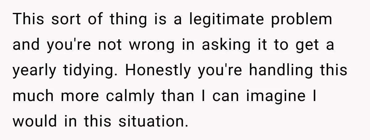 This sort of thing is a legitimate problem and you're not wrong in asking it to get a yearly tidying. Honestly you're handling this much more calmly than I can...
