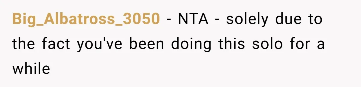 Big_Albatross_3050 − NTA - solely due to the fact you've been doing this solo for a while