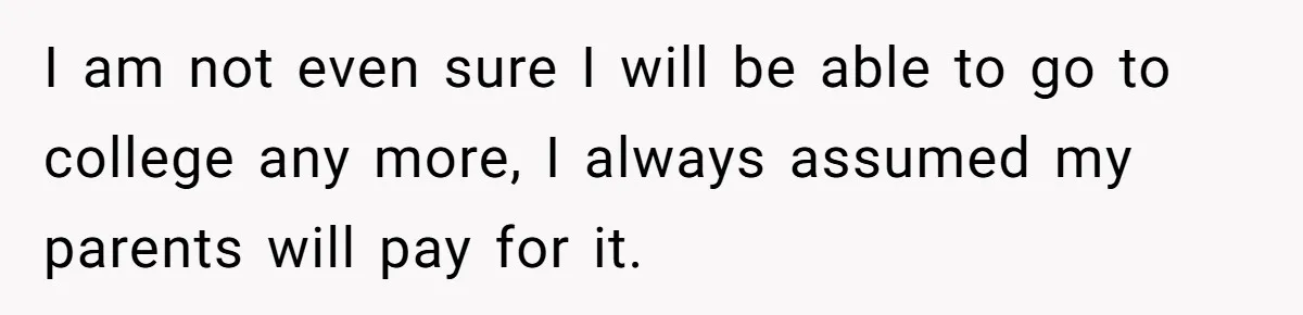 I am not even sure I will be able to go to college any more, I always assumed my parents will pay for it.