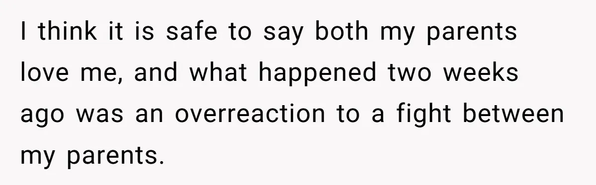 I think it is safe to say both my parents love me, and what happened two weeks ago was an overreaction to a fight between my parents.