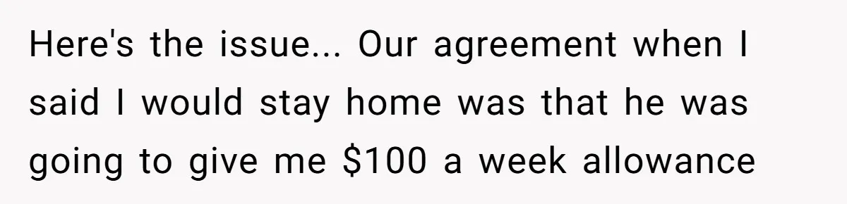 Here's the issue... Our agreement when I said I would stay home was that he was going to give me $100 a week allowance