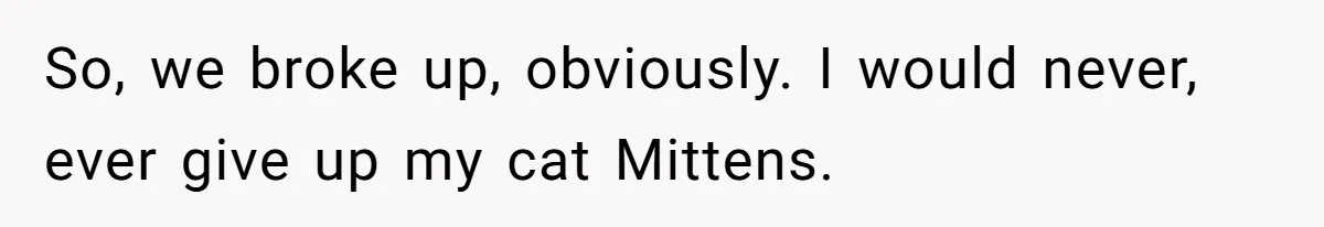 So, we broke up, obviously. I would never, ever give up my cat Mittens.