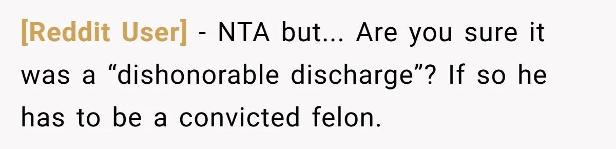 [Reddit User] − NTA but... Are you sure it was a “dishonorable discharge”? If so he has to be a convicted felon.