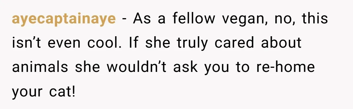 ayecaptainaye − As a fellow vegan, no, this isn’t even cool. If she truly cared about animals she wouldn’t ask you to re-home your cat!