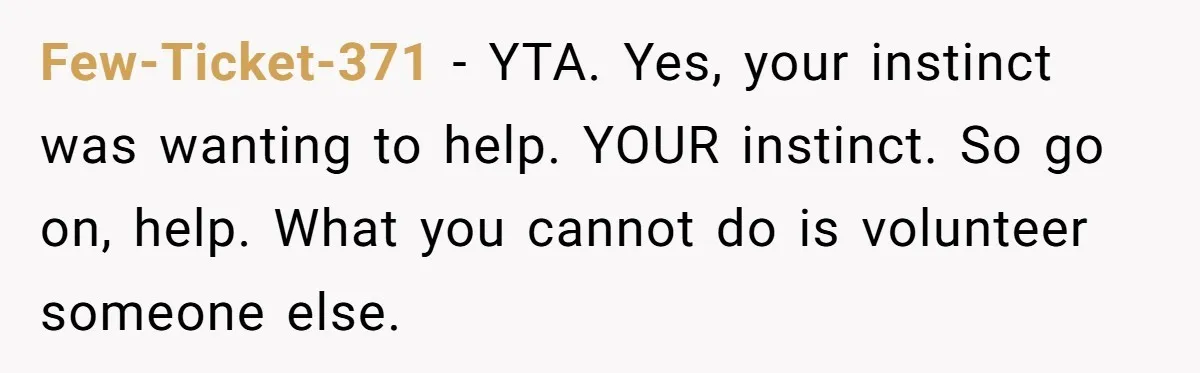 Few-Ticket-371 − YTA. Yes, your instinct was wanting to help. YOUR instinct. So go on, help. What you cannot do is volunteer someone else.