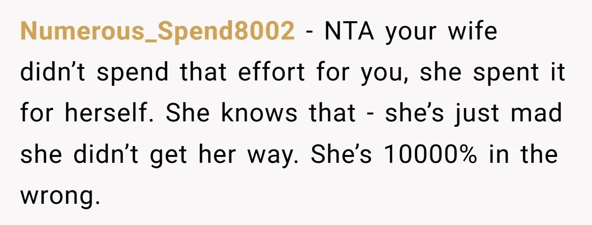 Numerous_Spend8002 − NTA your wife didn’t spend that effort for you, she spent it for herself. She knows that - she’s just mad she didn’t get her way. She’s 10000%...