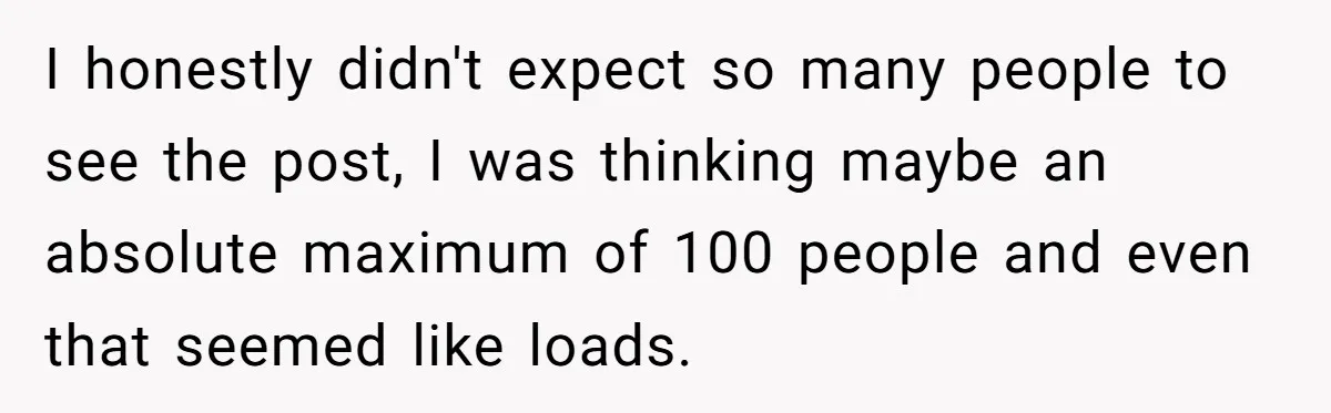 I honestly didn't expect so many people to see the post, I was thinking maybe an absolute maximum of 100 people and even that seemed like loads.