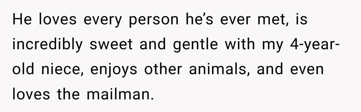 He loves every person he’s ever met, is incredibly sweet and gentle with my 4-year-old niece, enjoys other animals, and even loves the mailman.
