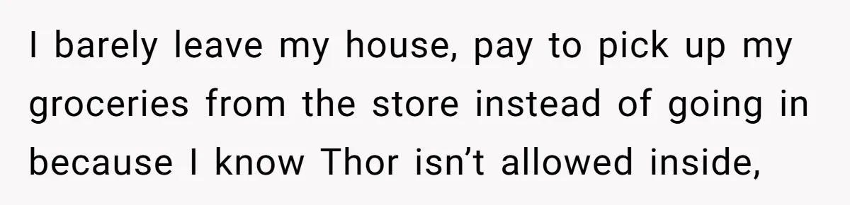 I barely leave my house, pay to pick up my groceries from the store instead of going in because I know Thor isn’t allowed inside,