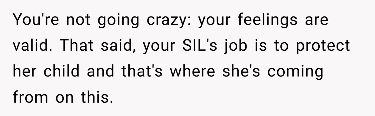 You're not going crazy: your feelings are valid. That said, your SIL's job is to protect her child and that's where she's coming from on this.