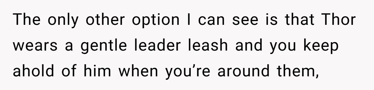 The only other option I can see is that Thor wears a gentle leader leash and you keep ahold of him when you’re around them,