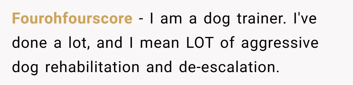 Fourohfourscore − I am a dog trainer. I've done a lot, and I mean LOT of aggressive dog rehabilitation and de-escalation.