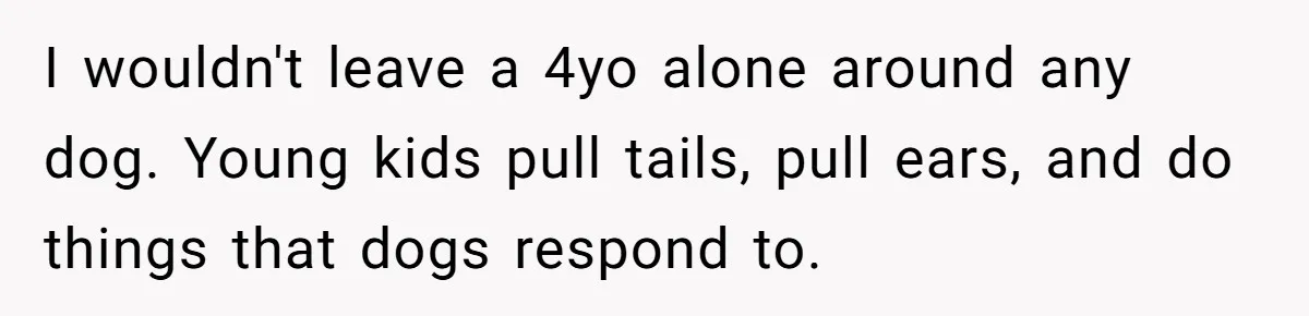 I wouldn't leave a 4yo alone around any dog. Young kids pull tails, pull ears, and do things that dogs respond to.