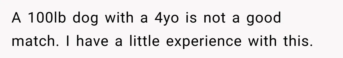 A 100lb dog with a 4yo is not a good match. I have a little experience with this.