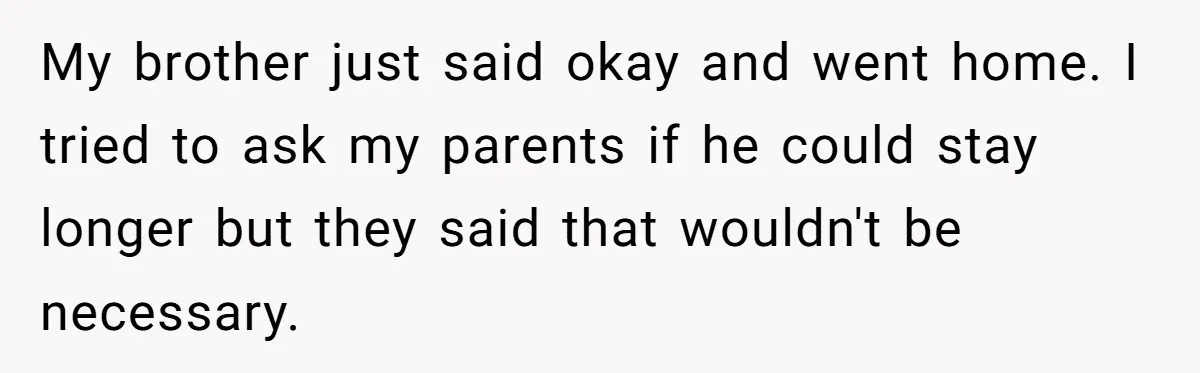 My brother just said okay and went home. I tried to ask my parents if he could stay longer but they said that wouldn't be necessary.