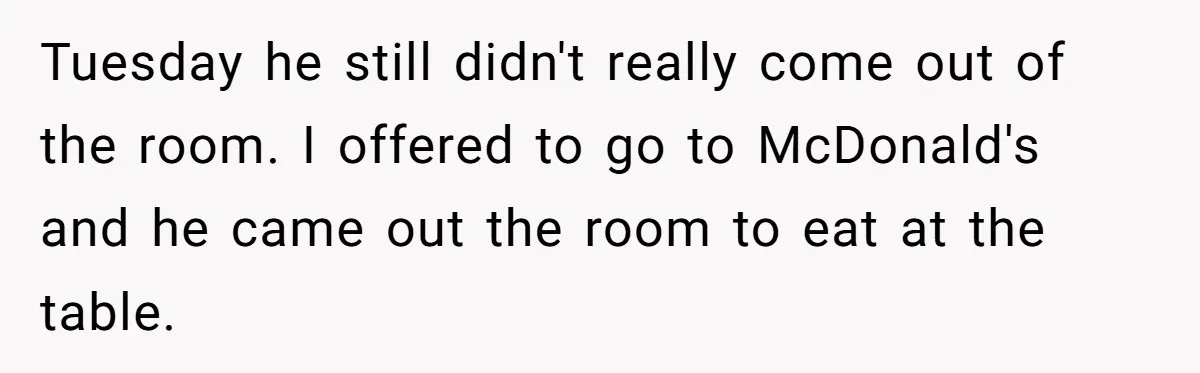 Tuesday he still didn't really come out of the room. I offered to go to McDonald's and he came out the room to eat at the table.
