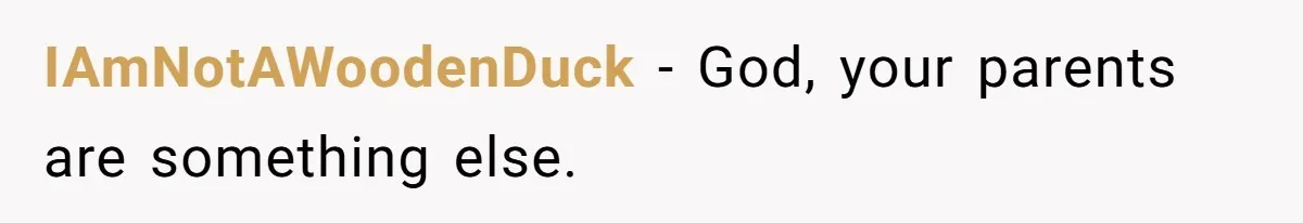 IAmNotAWoodenDuck − God, your parents are something else.
