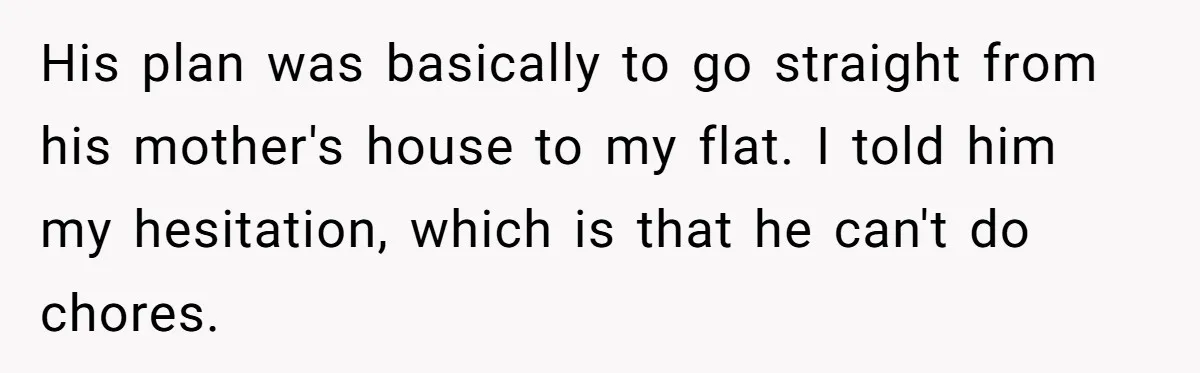 His plan was basically to go straight from his mother's house to my flat. I told him my hesitation, which is that he can't do chores.