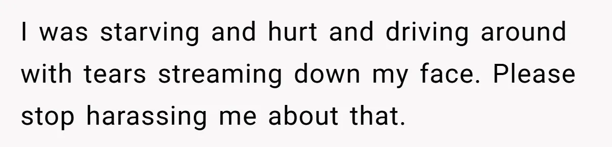 I was starving and hurt and driving around with tears streaming down my face. Please stop harassing me about that.