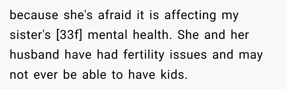 because she's afraid it is affecting my sister's [33f] mental health. She and her husband have had fertility issues and may not ever be able to have kids.