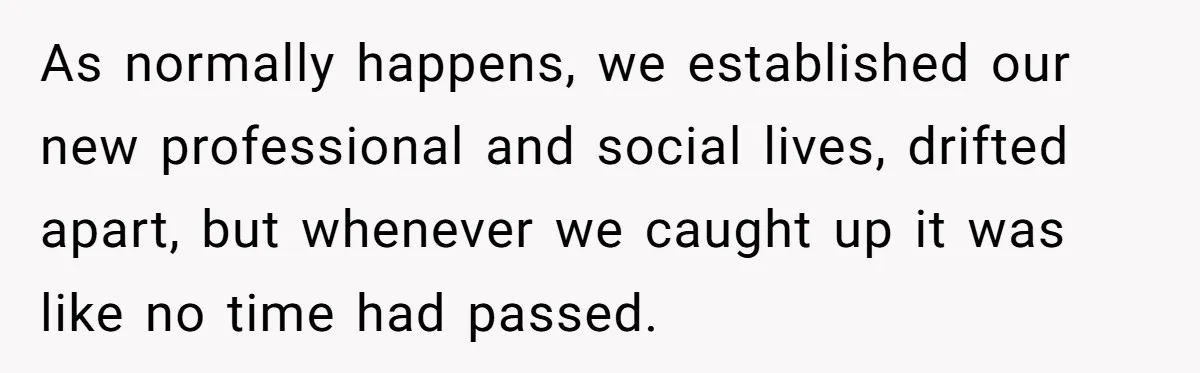 As normally happens, we established our new professional and social lives, drifted apart, but whenever we caught up it was like no time had passed.