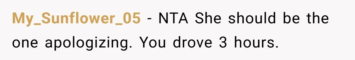 My_Sunflower_05 − NTA She should be the one apologizing. You drove 3 hours.